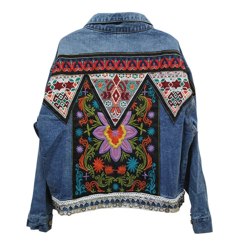 Floral Embroidered Appliqué Denim Jacket Women Long Sleeve Casual Chic Outerwear Fashion