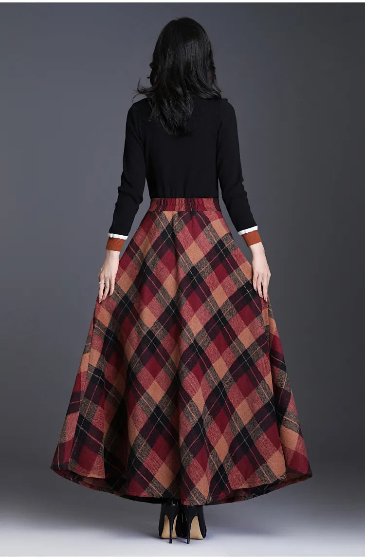 Women's Wool Thick Warm Plaid Skirts British Style Clothing with Pockets Pleated A-Line Midi Tartan Skirt