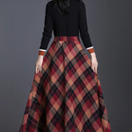 Women's Wool Thick Warm Plaid Skirts British Style Clothing with Pockets Pleated A-Line Midi Tartan Skirt