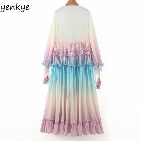 Gradient Printed Chiffon Maxi Dress Women V-Neck Long Sleeve Ruffle Boho A-Line Casual Fashion