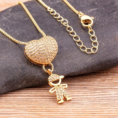 Gift For Mother Son Daughter Heart Gold Color Cubic Zirconia Necklace Family Women's Pendant Necklace