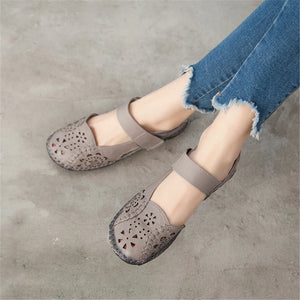 Women's Sandals Hollow Out Genuine Leather Breathable Soft Flat Sandals Summer Casual Solid Buckle Strap Sandals