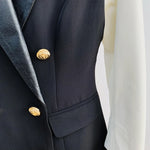 Women's Classic Acadamia Jacket Buttons Double Breasted Leather Sleeve Patchwork Blazer