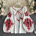 Retro Style V-Neck Lantern Sleeve Embroidered Blouse