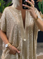 Women's Sequin Sparkly Evening Top in Loose Fit Sizes (S - 3XL) Silver or Gold Comfortable Tops