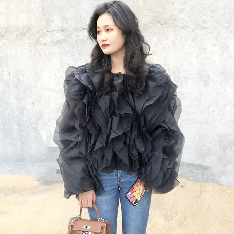 Vintage Patchwork Ruffle Lace Shirt For Women O Neck Lantern Long Sleeve Solid Elegant Blouse Boutique Fashion New Chic Top
