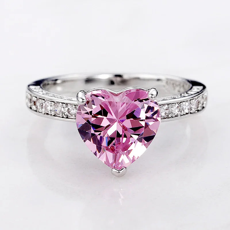 Luxury Solitaire Women's Heart Rings AAA Pink Cubic Zirconia Proposal Engagement Rings For Girlfriend Anniversary Gift
