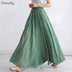 Cotton Linen Maxi Skirt Women's Casual Elastic High Waist Pleated A-Line Boho Skirts