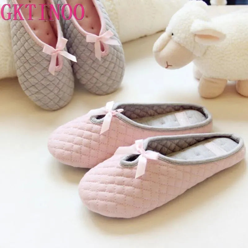 Women's Winter Slippers with Cute Bowtie For Indoor Use Soft Bottom Cotton Warm Flats
