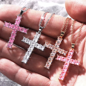Cross Necklace Inlaid White/Pink Cubic Zirconia Fashionable Versatile Necklace for Women Jewelry Gift for Her