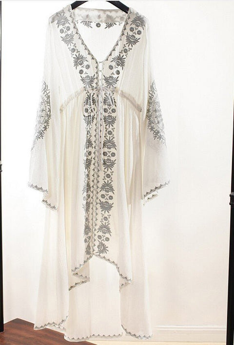 Long Sleeve Floral Embroidered Cotton Maxi Dress Women Casual Elegant Fashion Dress