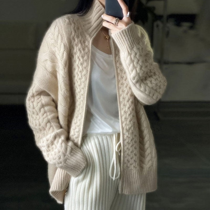 Cashmere Knitted Wool Cardigan for Women Thick Turtleneck Loose Oversize Wool Sweater