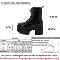Woman's Lace Up Chunky Wedge Platform Boots Black Shiny Faux Patent Leather Goth Ankle Boots