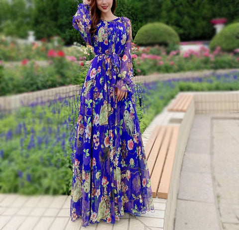Long Sleeve Floral Printed Maxi Dress Women Loose A-Line Casual Elegant Fashion Dress