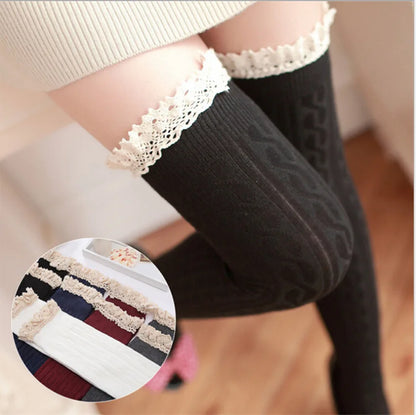 Thigh High Over The Knee Stockings Fashion Lace Knee Socks Cotton Warm Long Stocking Knit Lace