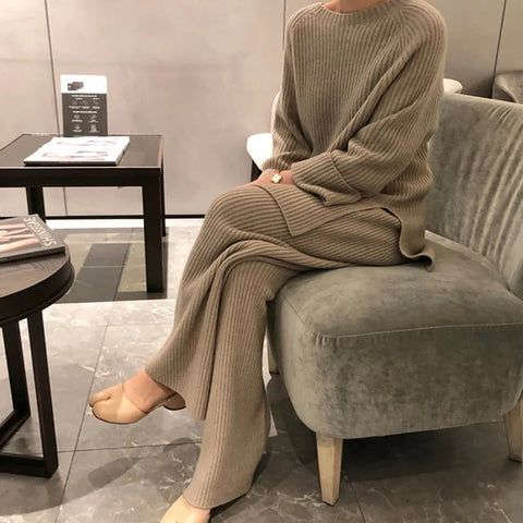 Pant Set Women 2-Piece Thick Warm Knitted Pullover Sweater High Waist Loose Wide Leg Pants Casual