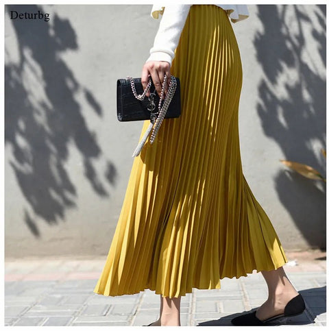 High Waist Pleated Midi Skirt Women Vintage Long Chiffon Casual Elegant Fashion Skirt