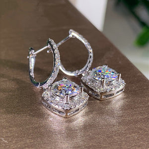 Classic Cubic Zirconia Dangle Hoop Earrings for Women Girls White Gold Plated Princess Cut Square Halo CZ Charms