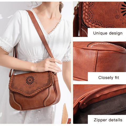 Shoulder Bag Women Vintage PU Leather Brown Hollow Out Crossbody Satchel Retro Handbag Purse