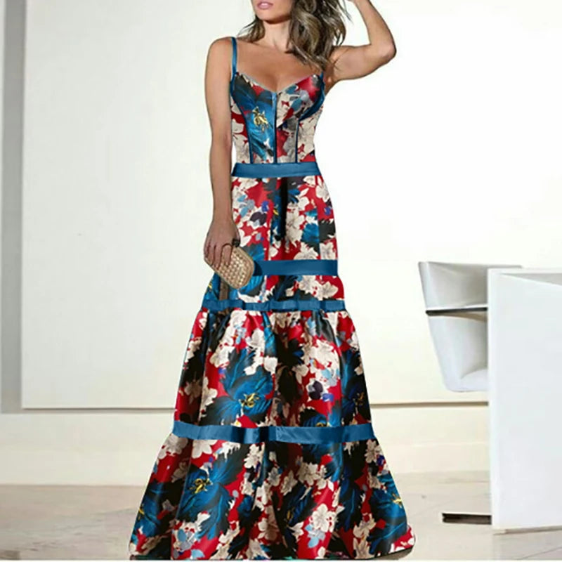 Elegant Floral Print Sling Party Dress Vintage Sleeveless Patchwork A-Line Dress Sexy Holiday Dress Plus Sizes