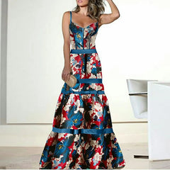 Elegant Floral Print Sling Party Dress Vintage Sleeveless Patchwork A-Line Dress Sexy Holiday Dress Plus Sizes