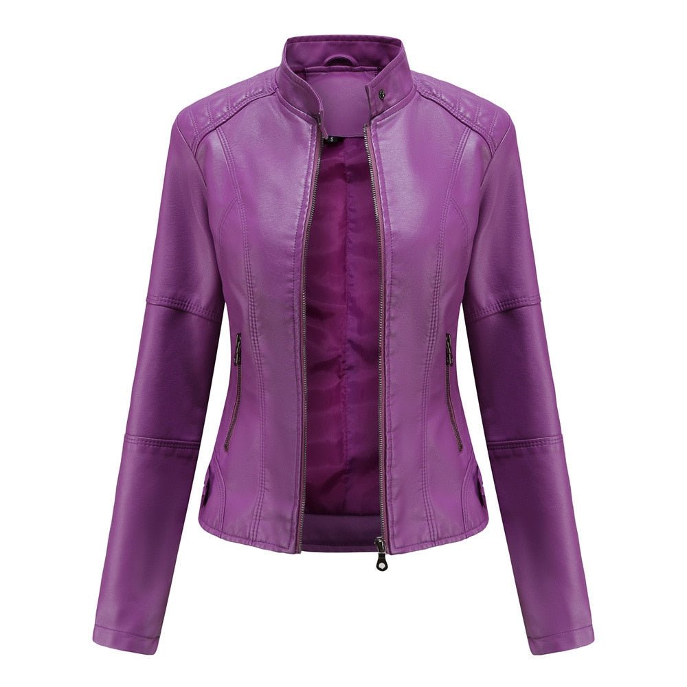 Faux Leather Biker Jacket Women Stand-Up Collar Motorcycle Style Spring Autumn Outerwear Fashion