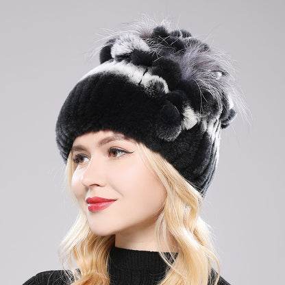 Women's Genuine Rex Rabbit Fur Hat Striped Top Flower Warm Real Fur Knit Beanie Caps