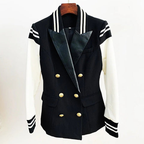 Blazer Women Classic Academia Double Breasted Button Leather Sleeve Patchwork Chic Fashion Jacket
