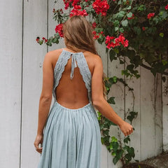 Hollow Out Beach Halter Maxi Pleated Dress Bohemian Sleeveless Backless White Lace Dress Summer Vacation Party Dresses