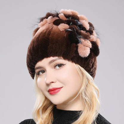 Women's Genuine Rex Rabbit Fur Hat Striped Top Flower Warm Real Fur Knit Beanie Caps