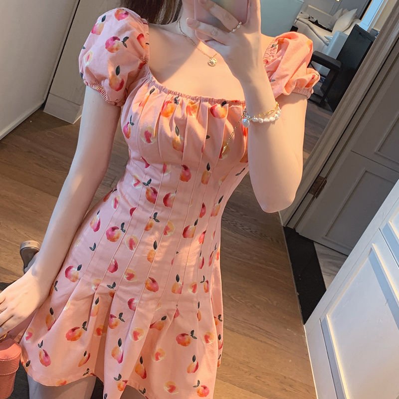 Fruit Print Mini Dress Women Elegant Pink Korean Style Casual Summer F