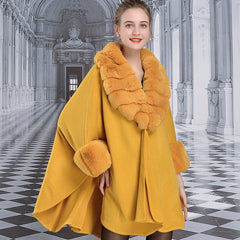 Women's Faux Fur Collar Cashmere Party Overcoat Fake Rabbit Fur Big Striped Collar Knitted Cardigan Cape