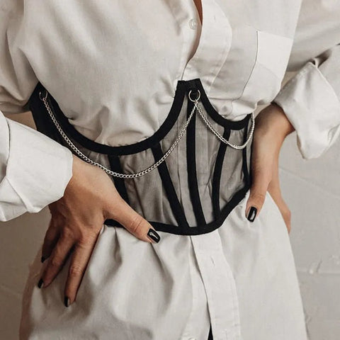 Corset Belt Women Punk Metal Chain Goth High Waist Vintage Mesh Sheer Waist Shaper Fashion