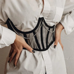 Women's Corset Belt Punk Metal Chain Goth High Waist Vintage Mesh See Through Waist Shaper Corsets