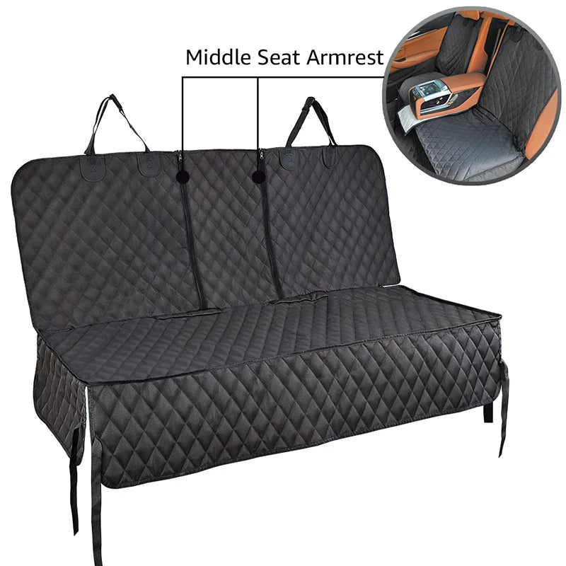 Car seat cover with middle seat armrest feature on a white background
