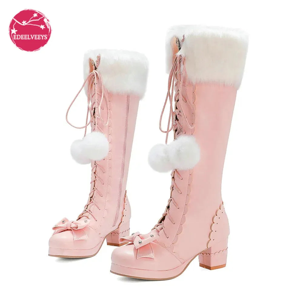 Women's High Winter Boots Warm Fur Neck Lolita Cosplay Party Princess Lace Up Boots Bowtie Chunky Heel Side Zipper PU Leather Boots
