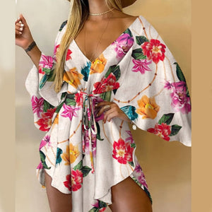 Women's Tropical Print Dress V Neck Batwing Sleeve Tie Mini Dress Beachwear