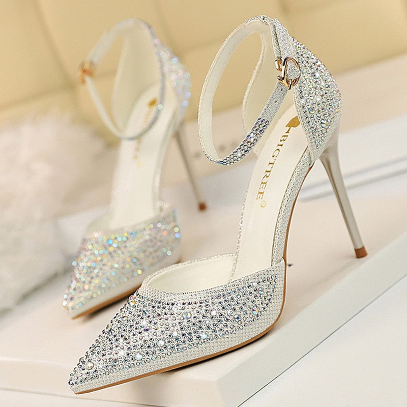 Women's High Heel Shoes w/ Sparkly Rhinestones Elegant Style Pumps Stilettos for Weddings, Galas, etc.