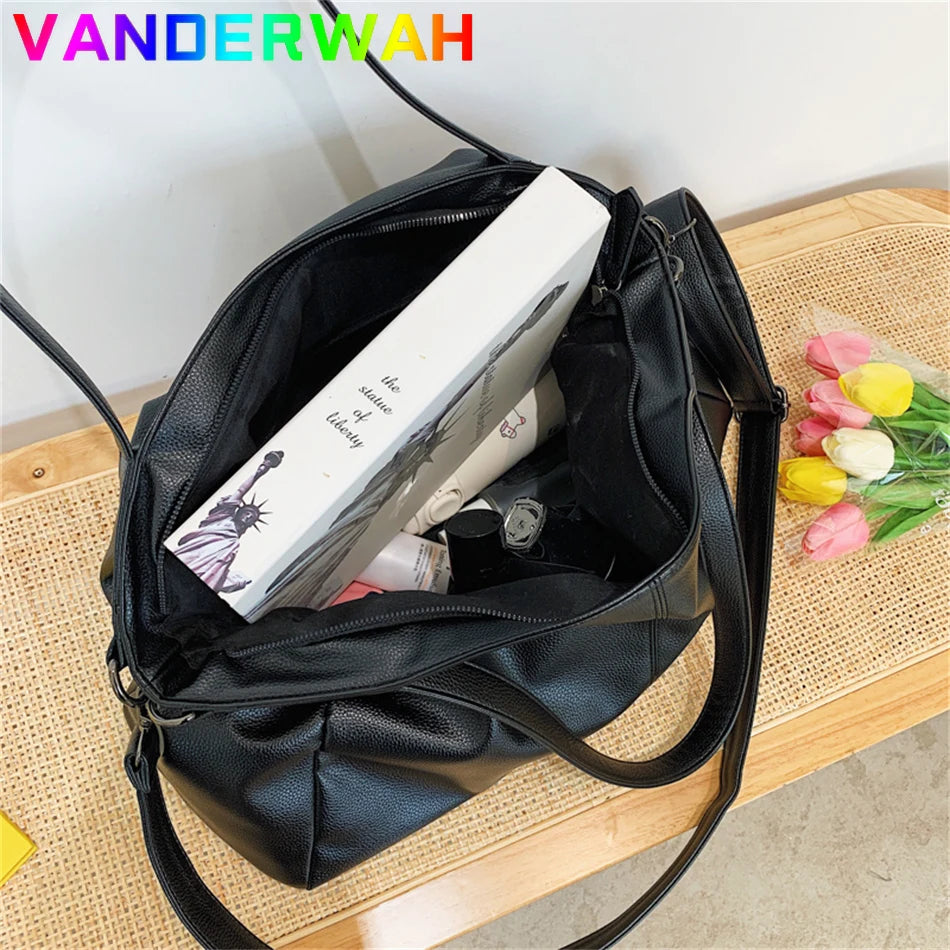 Large Capacity Black Shoulder Bag Women's Large Hobo Bag Solid Color Quality Soft Faux Leather Crossbody Handbag Travel Tote Bag