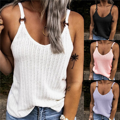 Women's Summer Fashion Tank Tops Sleeveless Round Neck Knit Suspenders Sling Tank T-Shirt