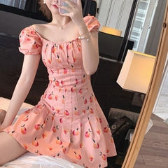 Elegant Pink Korean Style Dress for Women Fruit Print Mini Summer Dress