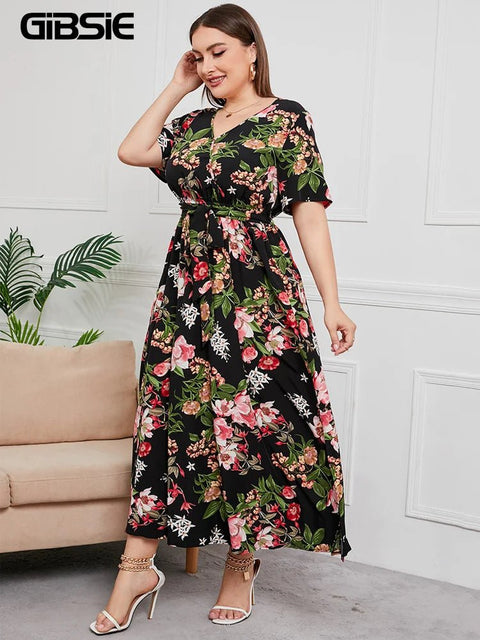 Maxi Dress Women Plus Size V-Neck Floral Print Boho Short Sleeve A-Line Belt Casual Spring Summer