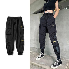 Women's Gothic Black Pants Streetwear Elastic Waist Baggy Y2K Cargo Pants