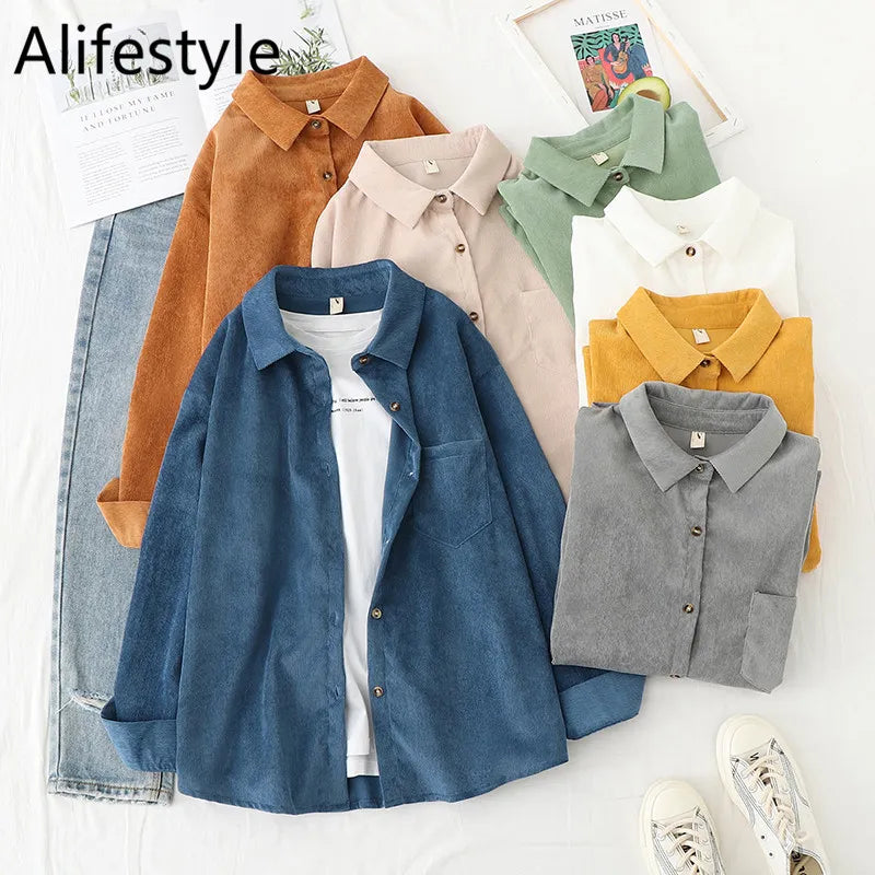 Women's Corduroy Shirt with Collar Button Down Vintage Style Shirt Long Sleeve Blouses