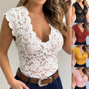 Women's Slim Lace V-Neck Top Sexy T-Shirt Elegant Summer Short Sleeve Flower Lace Hollow Out Tops T-Shirts