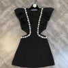 New Fashion Short Puff Sleeve Mini Dress Rhinestone Beaded O-Neck High Waist Hollow Out Mini Dress