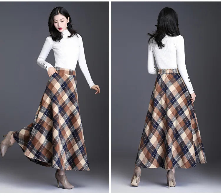 Women's Wool Thick Warm Plaid Skirts British Style Clothing with Pockets Pleated A-Line Midi Tartan Skirt