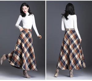 Women's Wool Thick Warm Plaid Skirts British Style Clothing with Pockets Pleated A-Line Midi Tartan Skirt