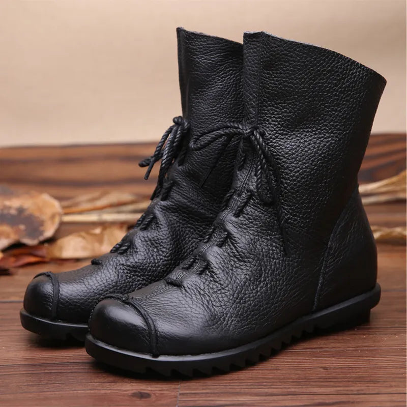 Vintage Genuine Leather Women's Boots Flat Booties Soft Cowhide Leather Side Zip Ankle Boots