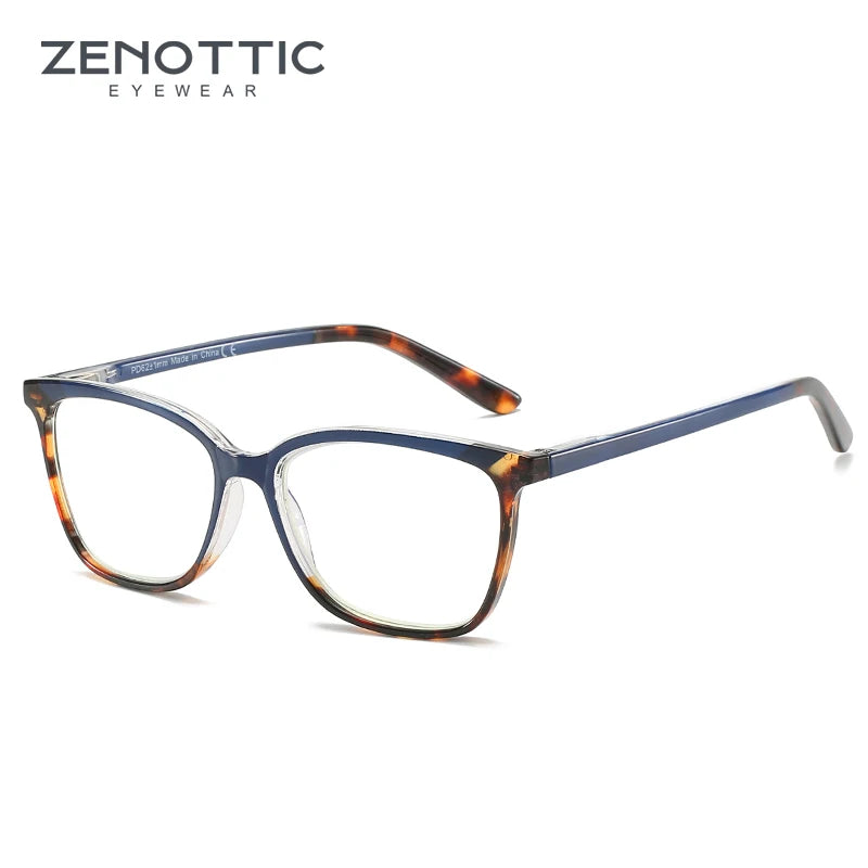 Blue and tortoiseshell eyeglasses with 'Zenottic Eyewear' branding on a white background